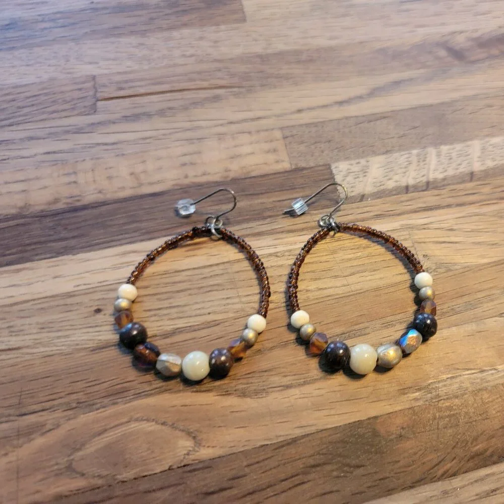 Boho Warm Brown Beaded Hoop Earrings